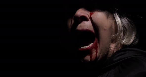 Old Witch Halloween Makeup. Elderly Woman Portrait with Blood on Her Face. alt