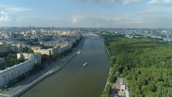 Aerial View of Moskva River, Gorky Park and Moscow Cityscape