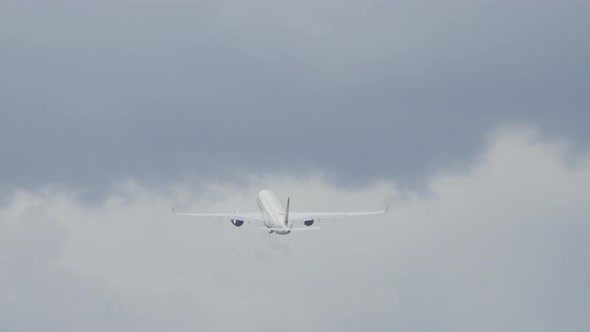 generic widebody commercial passenger airplane taking off departing airport from a city. alt