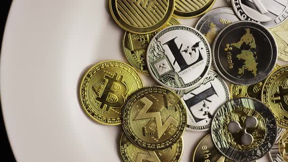 Rotating shot of Bitcoins (digital cryptocurrency)  alt