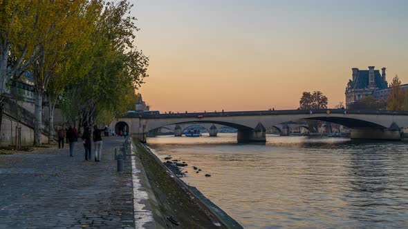 Blue Hour in Paris From the Seine Docks Historic Bridge and Monuments
