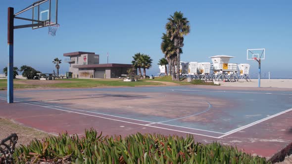 Palm Trees and Basketball Sport Field or Court on Beach California Coast USA