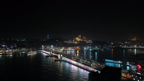 Golden Horn And Galata Bridge Aerial View At Night 