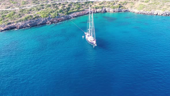 Aerial View of a Yaht Moored Near Spinalonga Island, Crete, Greece