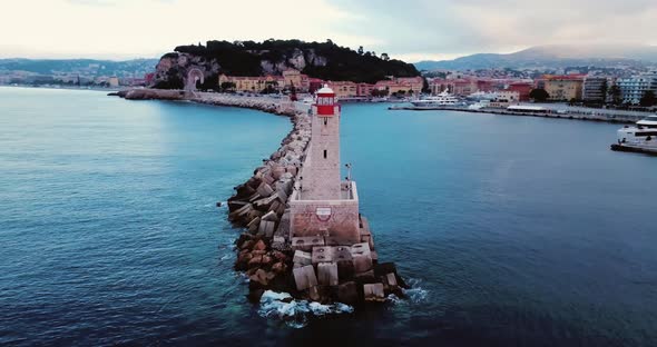 Nice, France, Aerial Footage of Lighthouse. Beautiful Sunrise Above the Mediterranean Sea. Cote D alt