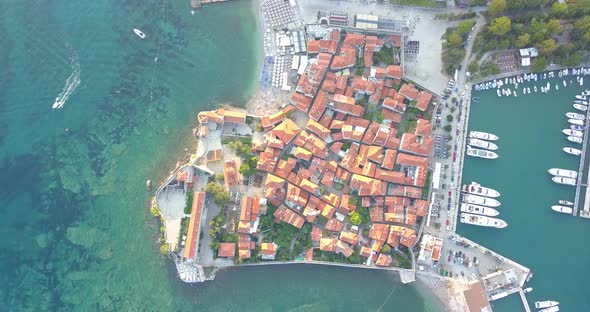 Montenegro Budva Old Town Aerial View. Drone Flies High Above the Old Town