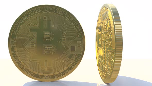 Realistic Rotating Pair Bitcoin on a White Background Looping Digital Coin Made of Gold alt