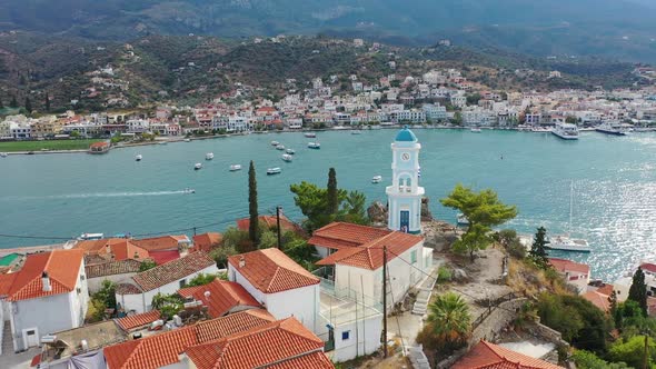 Aerial View of Poros Old Town and Marina or Seaport Greece  Drone Videography alt