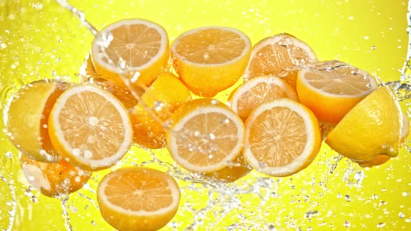 Super Slow Motion Shot of Flying Fresh Lemons and Water Side Splash at 1000 Fps alt