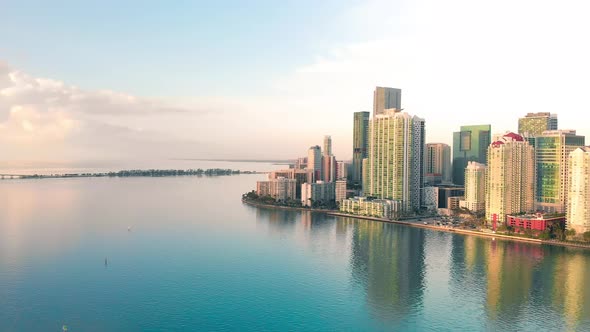 Amazing Drone Aerial View of Downtown Miami and Brickell Key at Dawn Florida alt