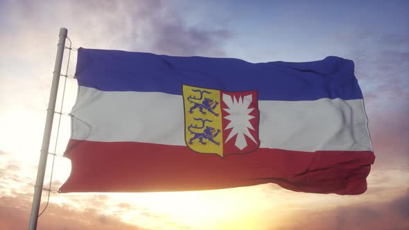 Schleswig Holstein Flag Germany Waving in the Wind Sky and Sun Background alt