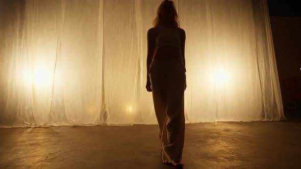 Silhouette of a Professional Dancer Performing in Studio in Soft Warm Lighting alt