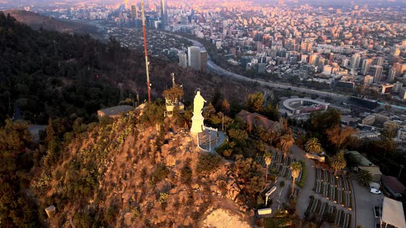 Aerial parallax of statue in Sanctuary of the Immaculate Conception in San Cristobal Hill top, Santi alt