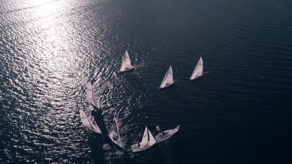 Beautiful Aerial View of Yachts Unfolding Around the Float on the River in the Sun Rays
