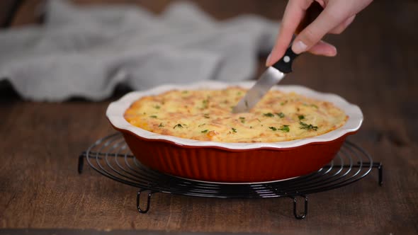 Shepherd's pie, traditional British dish with minced meat, vegetables and mashed potatoes.