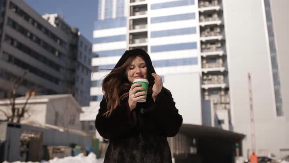 Girl in a Fur Coat Winter Warm Aromatic Coffee
