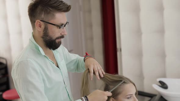 Professional Hairdresser Styling Combing Model Hair. Beautiful Woman in Salon alt