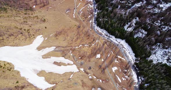 Aerial Flight Overhead Over Creek in Yellow Mountain Valley and Forest Fall Establisher
