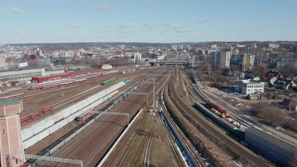 AERIAL: Flying Over Train Rails with Idling Trains on a Cold Chilly Day in Vilnius