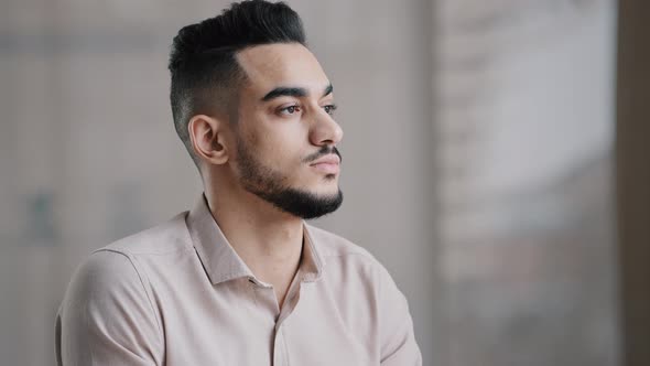Dreaming Unhappy Arab Man Deep in Thoughts Concentrated Looking Away Thinking Difficult Decision alt