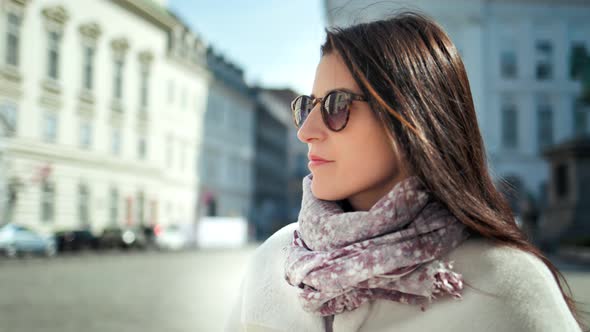 Medium Closeup Smiling Elegant Tourist Woman in Sunglasses Drinking Coffee Enjoying Walking Outdoor alt
