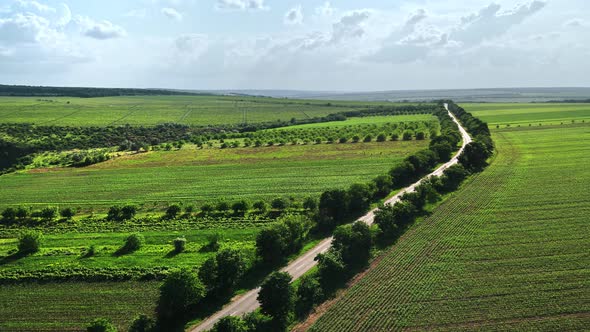 Aerial drone view of a highway with cars, greenery, fields and hills in Moldova alt