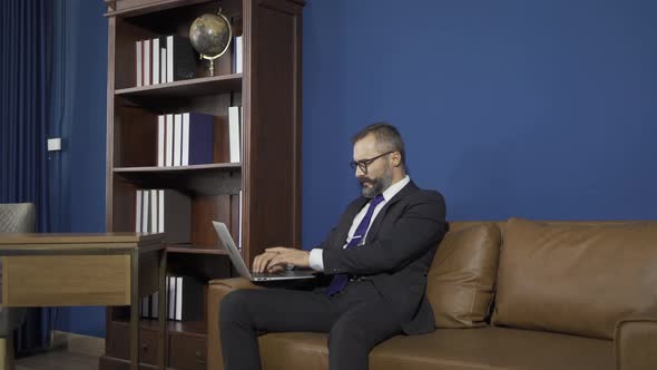 Smiling business vintage, white gentleman, Caucasian person working from home on table alt