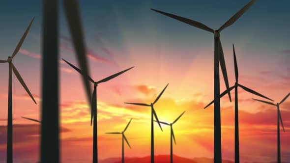Wind Turbines Farm at Beautiful Orange Sunset, Ecologic Energy Generators on Beautiful Sunny alt