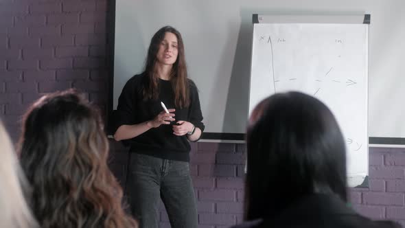 Business coach leader of company in conference room makes presentation alt