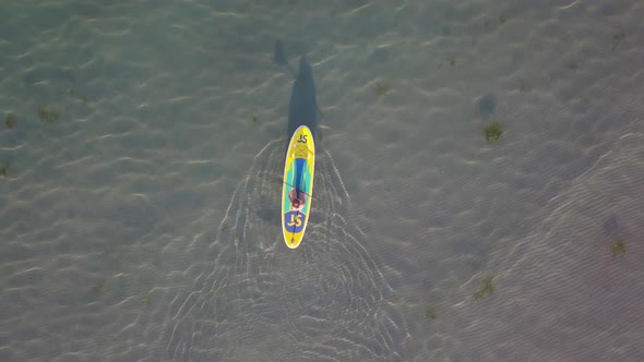 Aerial Drone View of a Man Paddling on a Sup Stand Board