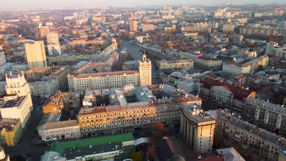 Downtown city streets rooftop in Kharkiv, Ukraine