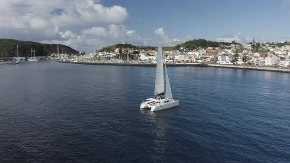 Aerial View of Sailboat in a regatta off the coast of Matriz, Azores, Portugal. alt