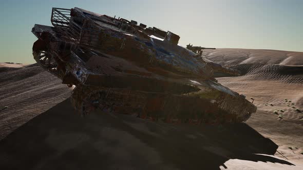 Militairy Tanks Destructed in the Desert at Sunset alt