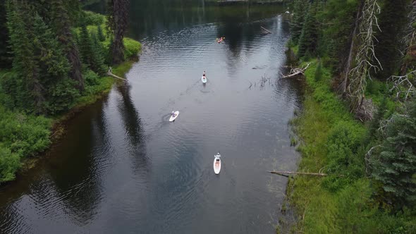 Drone shot of paddleboarders and kayakers from behind as they make their way down the Payette River alt