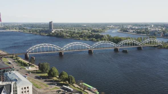 Iron Railway bridge over River Daugava in the Latvian capital of Riga alt