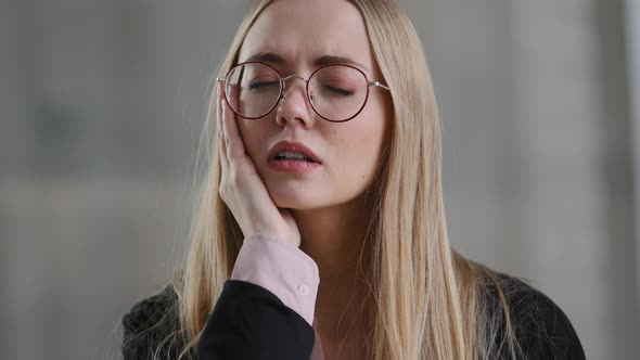 Tired Exhausted Ill Sick Business Woman Girl Holding Head Headache Fever Feels Unwell Ache Pain alt