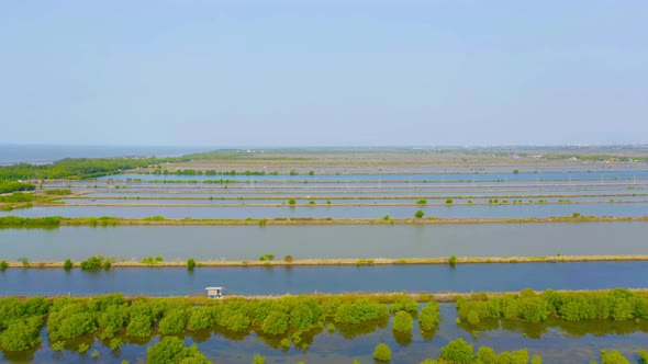 Aerial top view of natural sea salt ponds. Farm field outdoor. Material in traditional industry alt