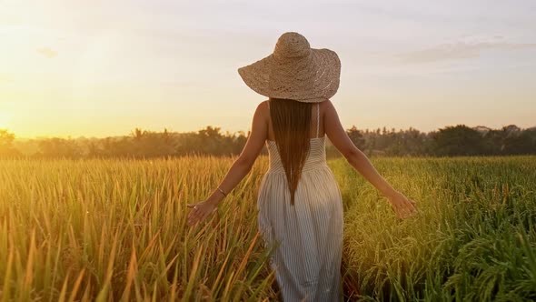 Sensual Young Woman in White Dress Enjoying in Violet Lavender Filed at Beautiful Summer Sunset alt