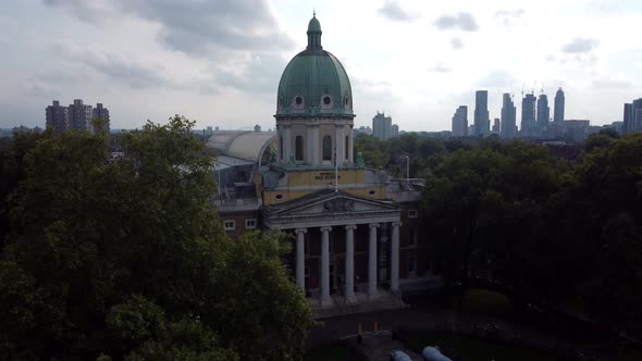 The Main Entrance of the Imperial War Museum with Skyscrapers in the Background