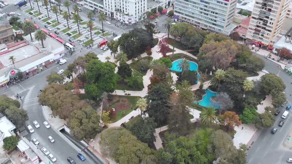 Square Vergara, Plaza Sucre (Vina del Mar, Chile) aerial view, drone footage alt