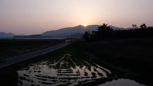 Korea Iskand Sunset Over the Mountain