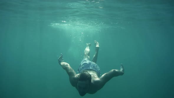 Underwater Man Swimmer In Sea Air Bubbles Marmaris.Swimmer Having Fun Vacation Resort Hotel On Ocean alt