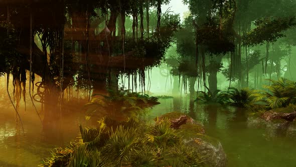 Tropical jungle panorama with sunlight