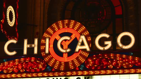 Chicago Bright Neon Theater Marquee at Night