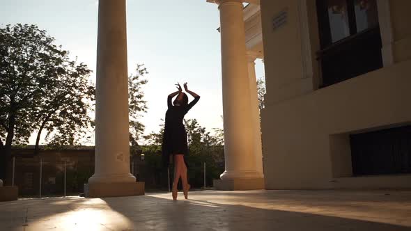 Graceful Beautiful Young Ballerina in Black Dress Dancing Near Ancient Palace in Slowmotion alt