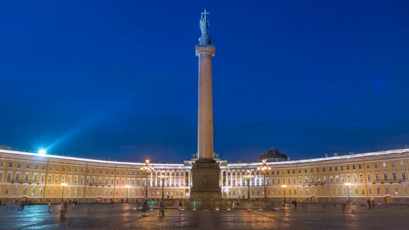 Palace Square Night Lights View of Alexander Column Timelapse in St alt
