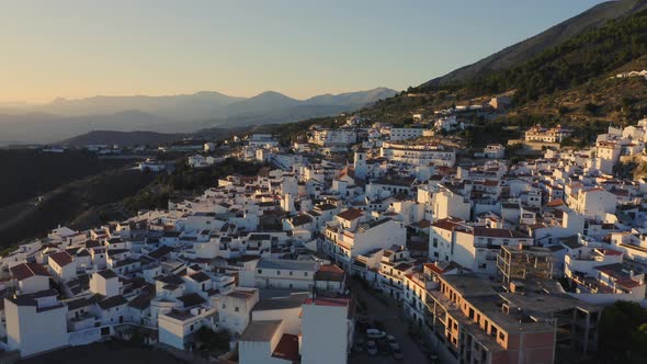 Aerial Drone View of Spain, Spanish Town in Mountains at Sunset, Costa Del Sol, Andalusia (Andalucia alt