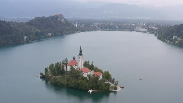 Aerial panoramic view of Lake Bled