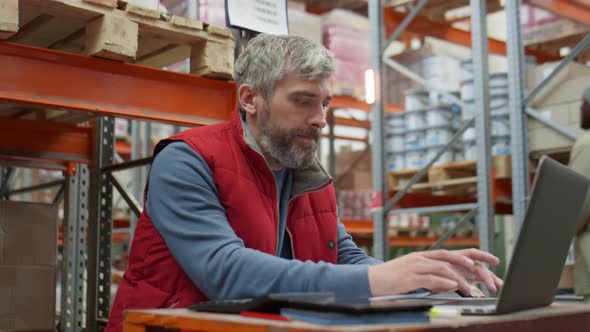 Mid-Aged Manager Working on Laptop in Warehouse alt
