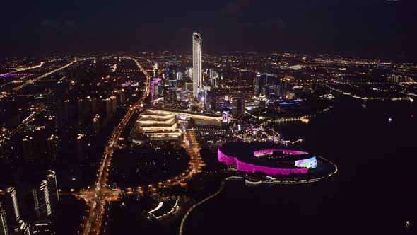 CBD buildings by Jinji Lake at night in Suzhou alt
